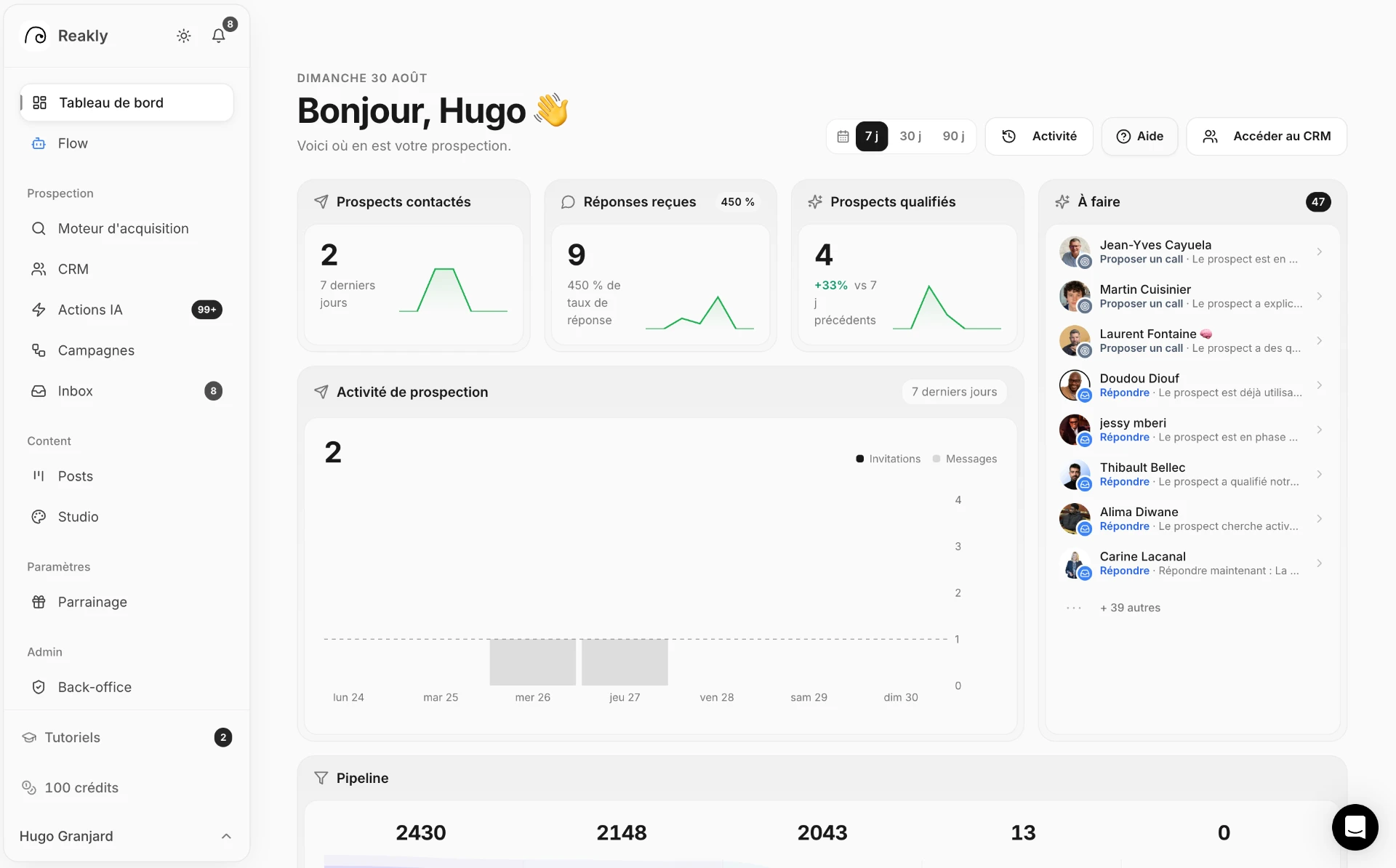 CRM Reakly — pipeline de prospection avec statuts et signaux